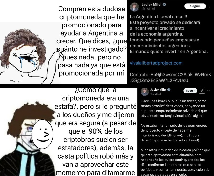 Contexto: Javier Milei promocionó una criptomoneda que resultó ser una estafa y ahora toda la oposición (en especial los kukas) le están yendo encima diciendo que tenían la razón sobre él xddddd (PD: El meme lo saqué de un grupo de Facebook kuka)