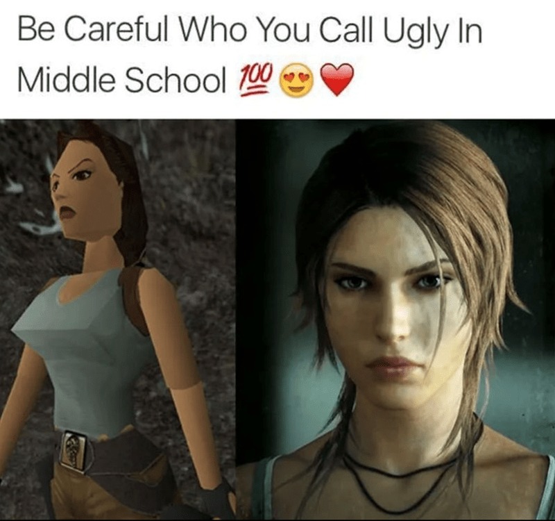 Lara Croft glow up - meme