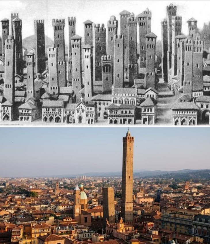 In the 1200s and 1300s, Bologna was like a medieval Manhattan – full of towers! There could have been up to 180 of them. Today, there are only a handful left, with the tallest being the Asinelli Tower (built in 1119) and its leaning buddy, Garisenda. - meme