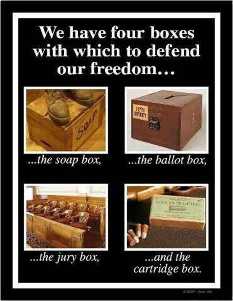 We're on the third box. The jury box. If you think this is going to go differently than the soap box and the ballot box, you're fooling yourself. This ends one way. - meme