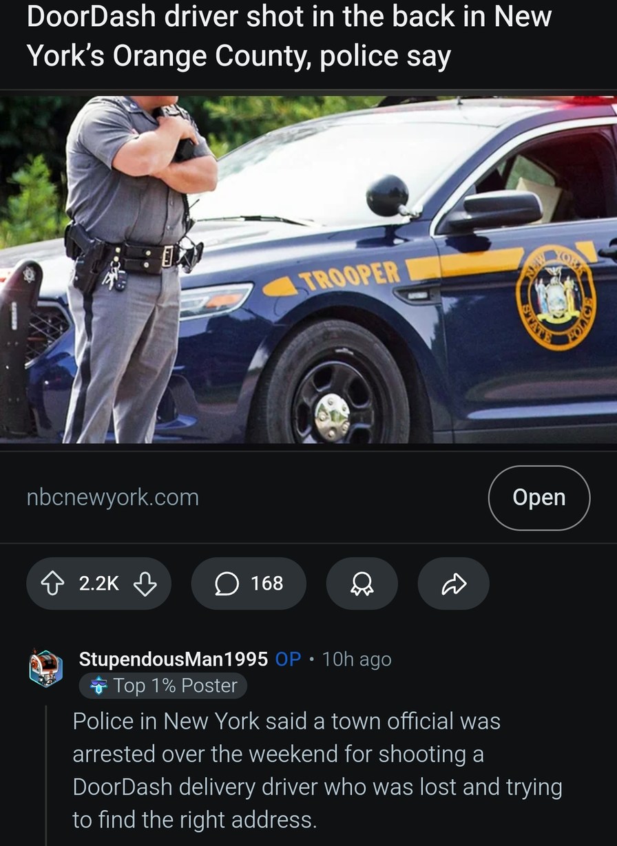 Town official shot DoorDash driver for being lost... what timeline is this - meme