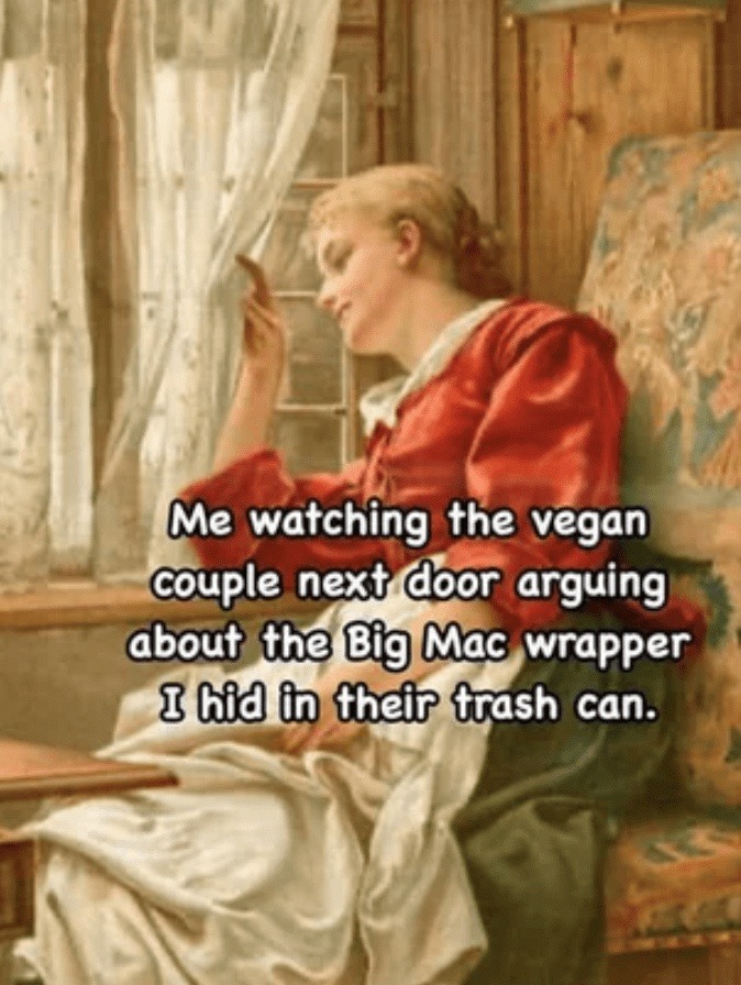 Vegan couple in a Big Mac wrapper scandal - meme