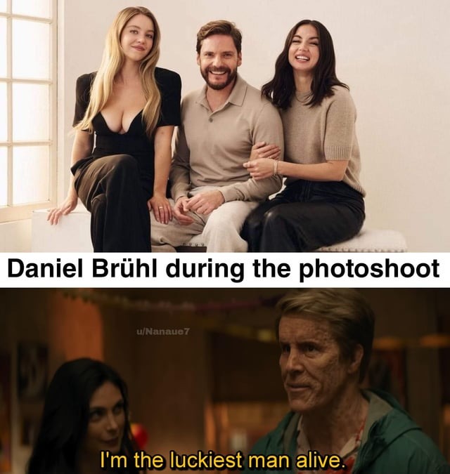 Daniel Bruhl with Ana de Armas and Sydney Sweeney - meme