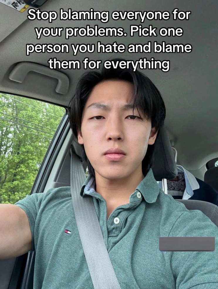 ﻿blaming everyone for your problems. Pick one person you hate and blame them for everything Stop