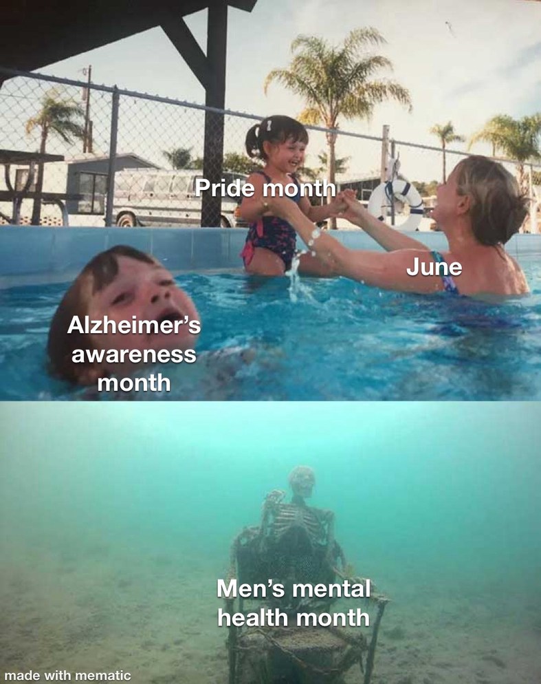 ﻿Pride month June Alzheimer’s awareness month Men’s mental health month made with mematic
