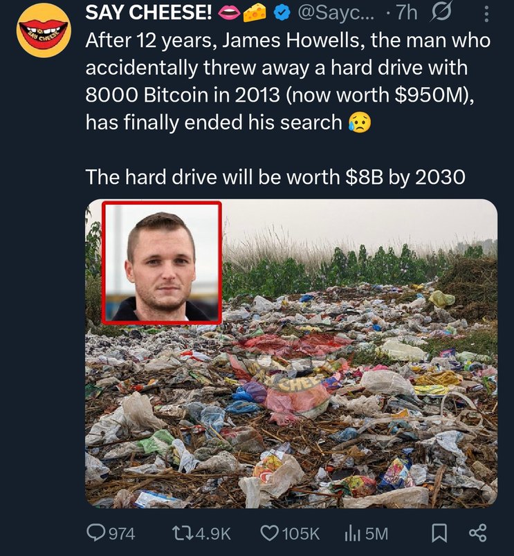 Dude gave up searching for $950M Bitcoin in landfill - meme