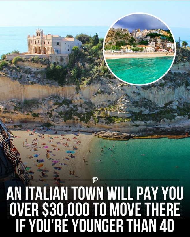 An Italian town is offering an enticing opportunity for those under 40, paying them over $30,000 to relocate to Calabria, also known as "Italy's toe." - meme