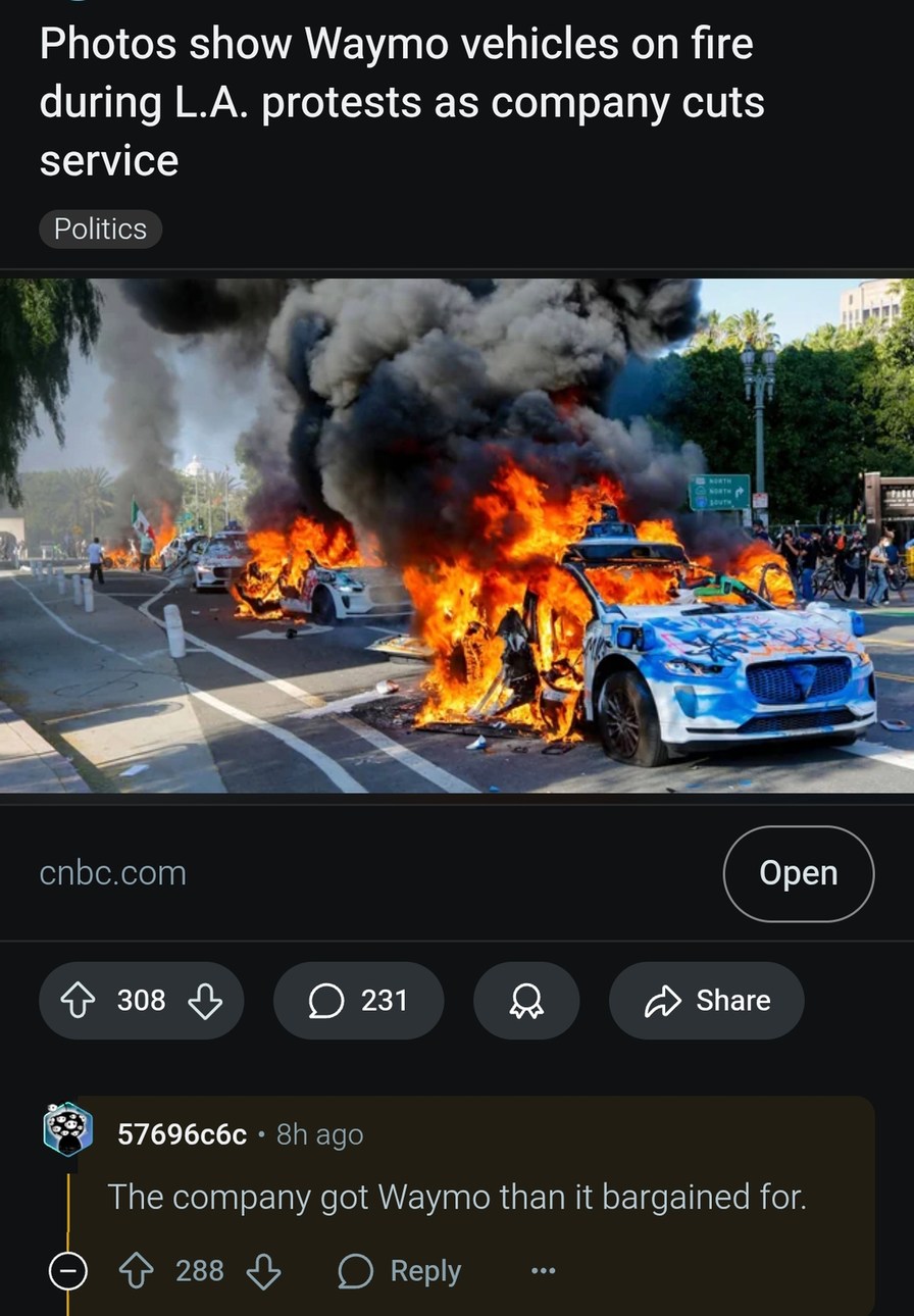 Waymo cars torched during LA protests - meme
