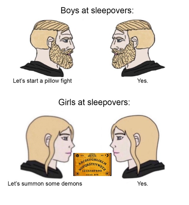 Boys vs girls at sleepovers - meme