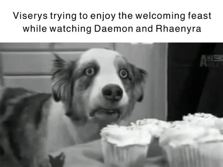 viserys, daemon and rhaenyra during the welcoming feast meme