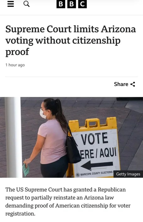 Supreme Court limits Arizona voting without citizenship proof - meme