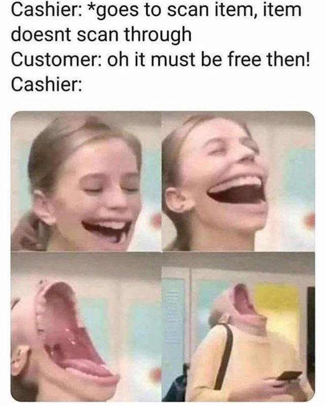 Laughing with the cashier - meme