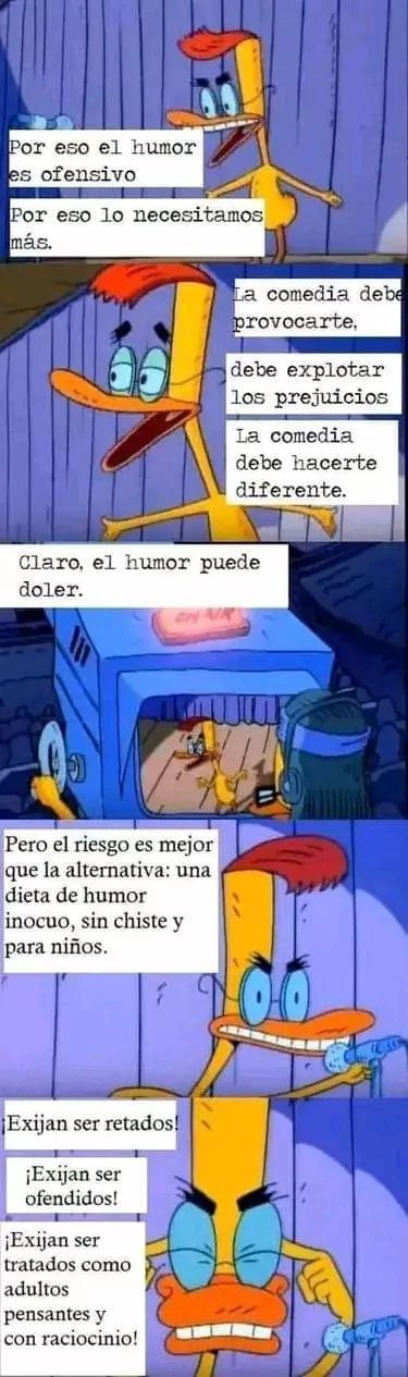 el humor negro duele desde un inicio, pero luego te acostumbras y te empieza a dar gracia y notas mas la ironia o el sarcasmo, los progres nunca los han tratado asi y se comen el mas minimo bait obvio. - meme