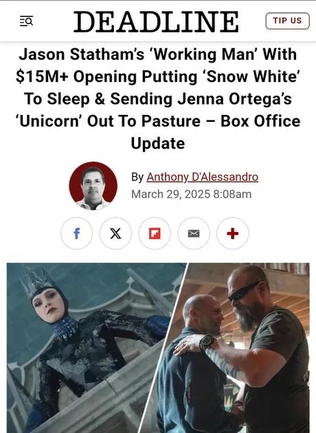 Jason Statham putting Snow White to sleep at the box office - meme