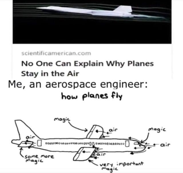 Planes fly because of vibes and magic, not science - meme