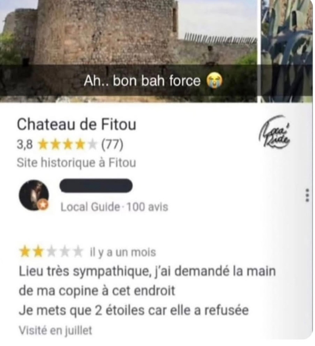 J’ai demandé sa main, elle a dit non. 2 étoiles, lieu sympa - meme