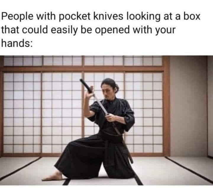 ﻿People with pocket knives looking at a box that could easily be opened with your hands: