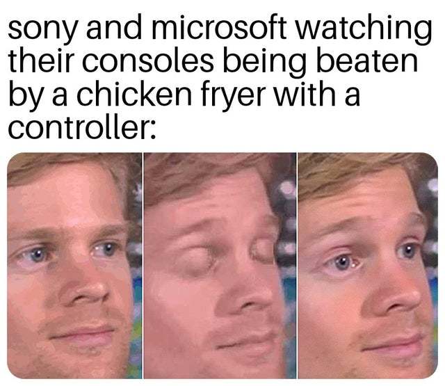 Sony and Microsoft watching their consoles being eaten by a chicken fryer - meme