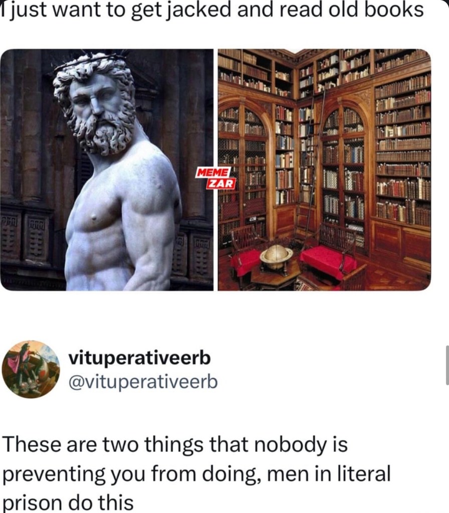All I want is to get jacked and read old books and somehow it's still a struggle - meme