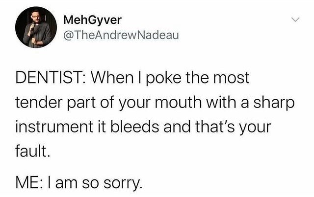 Dentist: You made it bleed by existing. Me: sorry king - meme