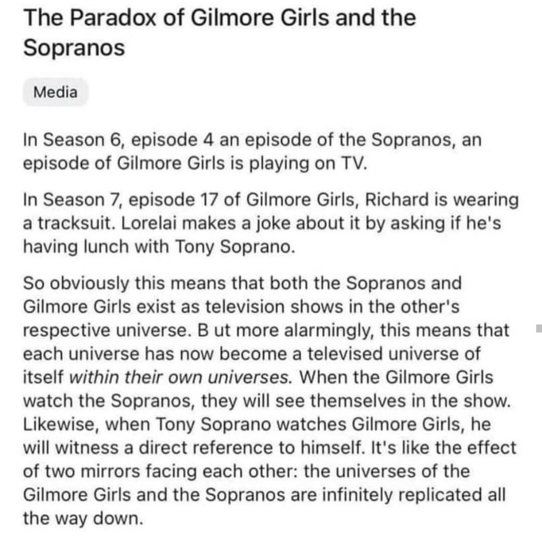 Gilmore Girls and Sopranos exist in each other's universes. Brain.exe stopped working - meme