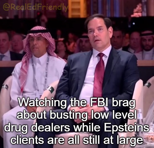 ﻿@RealEdFriendly Watching the FBI brag about busting low level drug dealers while Epsteins clients are all still at large