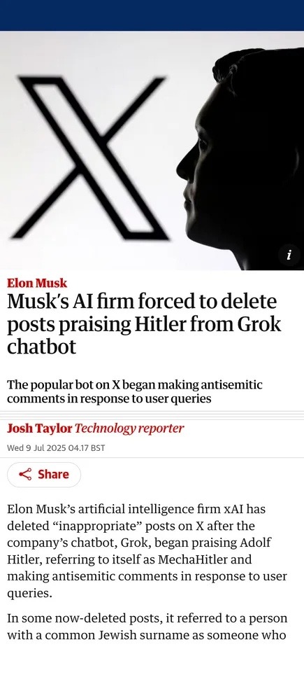 Musk's Grok bot went full MechaHitler and got memory wiped - meme