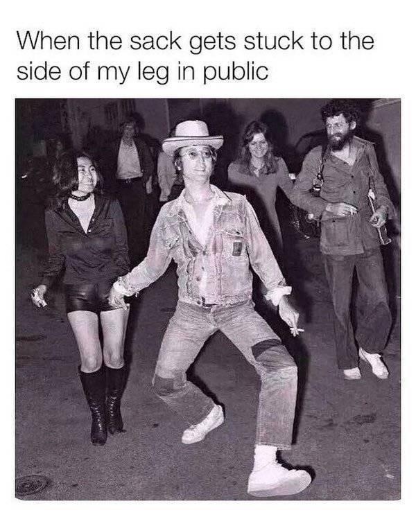 When the sack sticks to your leg in public… pure panic - meme