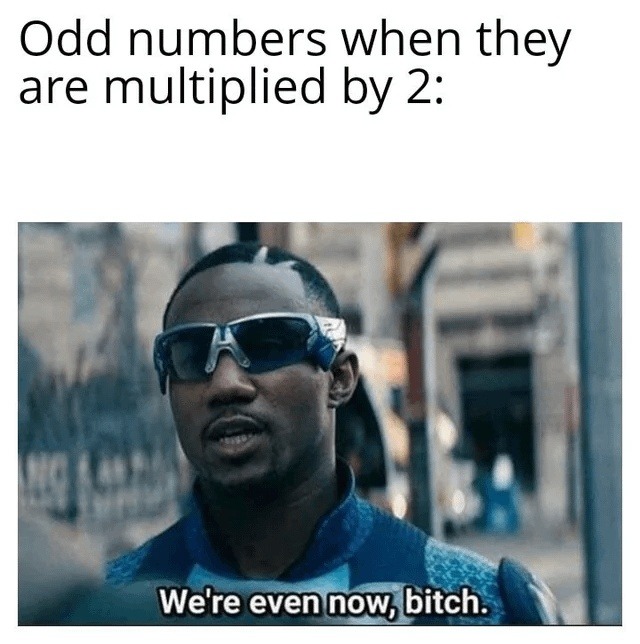 Odd numbers after multiplying by 2: even now, bitch - meme