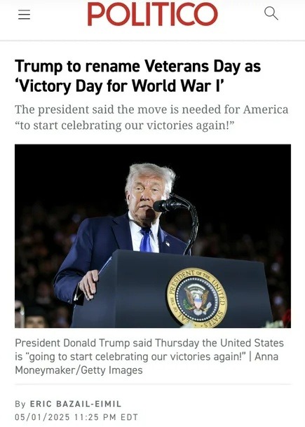 Trump renames Veterans Day to Victory Day, because America - meme
