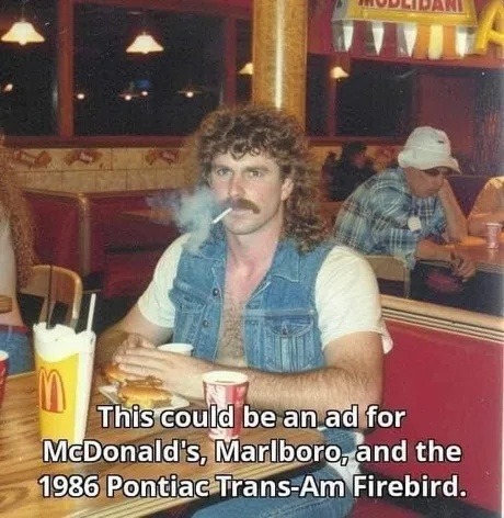 This pic is pure 80s chaos: fast food, smoke, and speed - meme