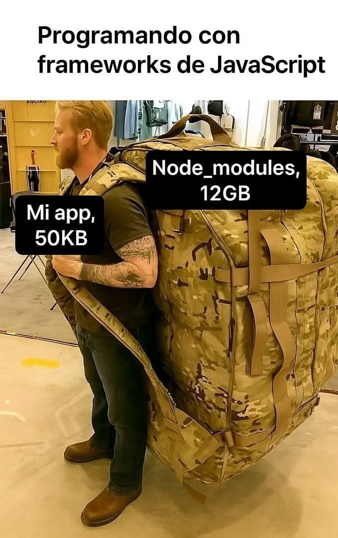 Programando en JavaScript: tu app pesa 50KB, node_modules 12GB - meme