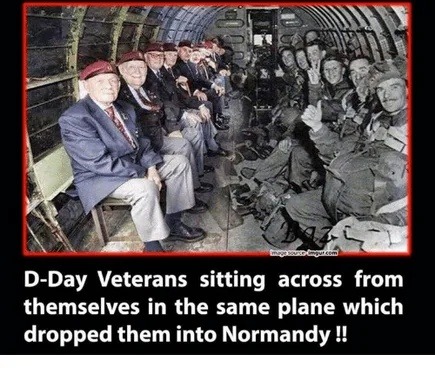 ﻿D-Day Veterans sitting across from themselves in the same plane which dropped them into Normandy !!