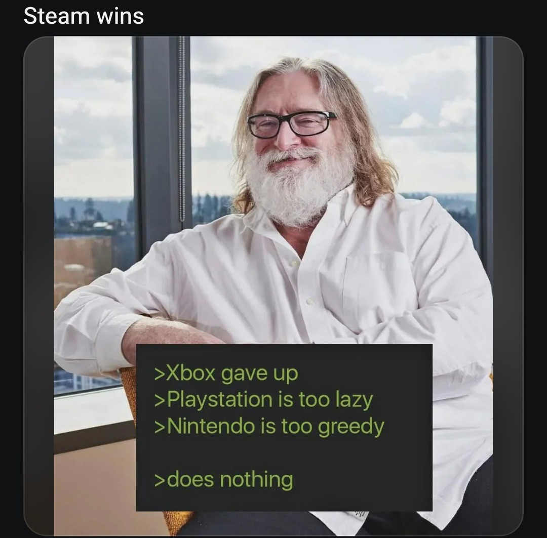 Steam chilling while consoles fight for scraps - meme