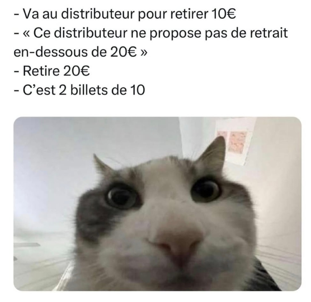 Distributeur : pas de retrait en dessous de 20€ – moi : tkt ça fait deux billets de 10 - meme