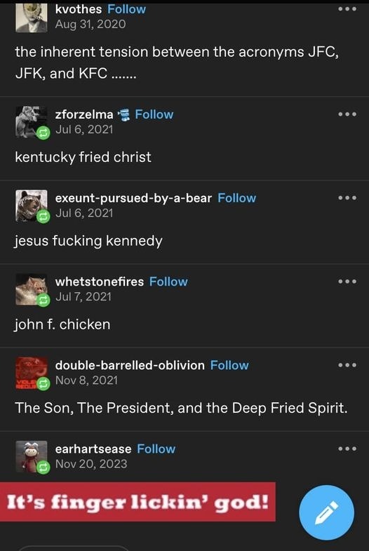 JFC, JFK, KFC, the holy acronym trinity - meme