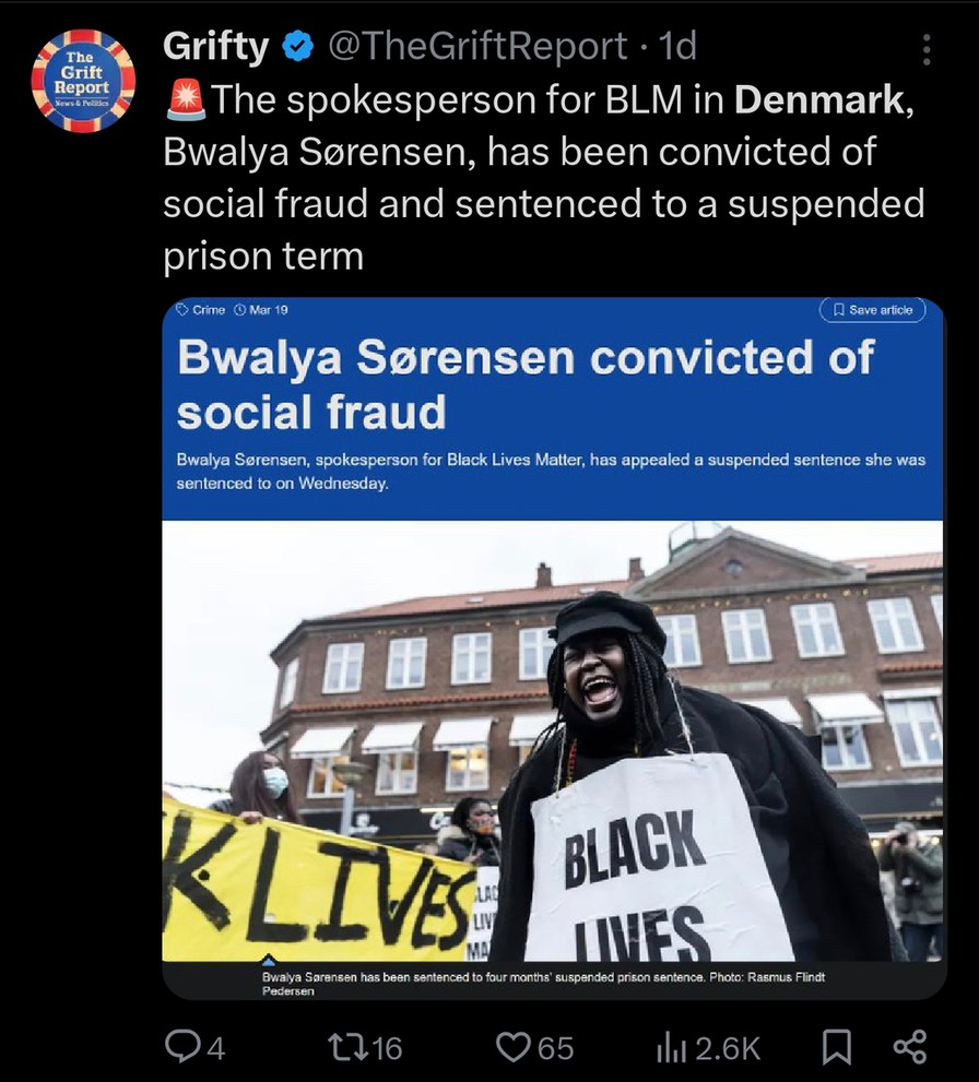 BLM Denmark leader convicted of fraud. Not very justice of her - meme
