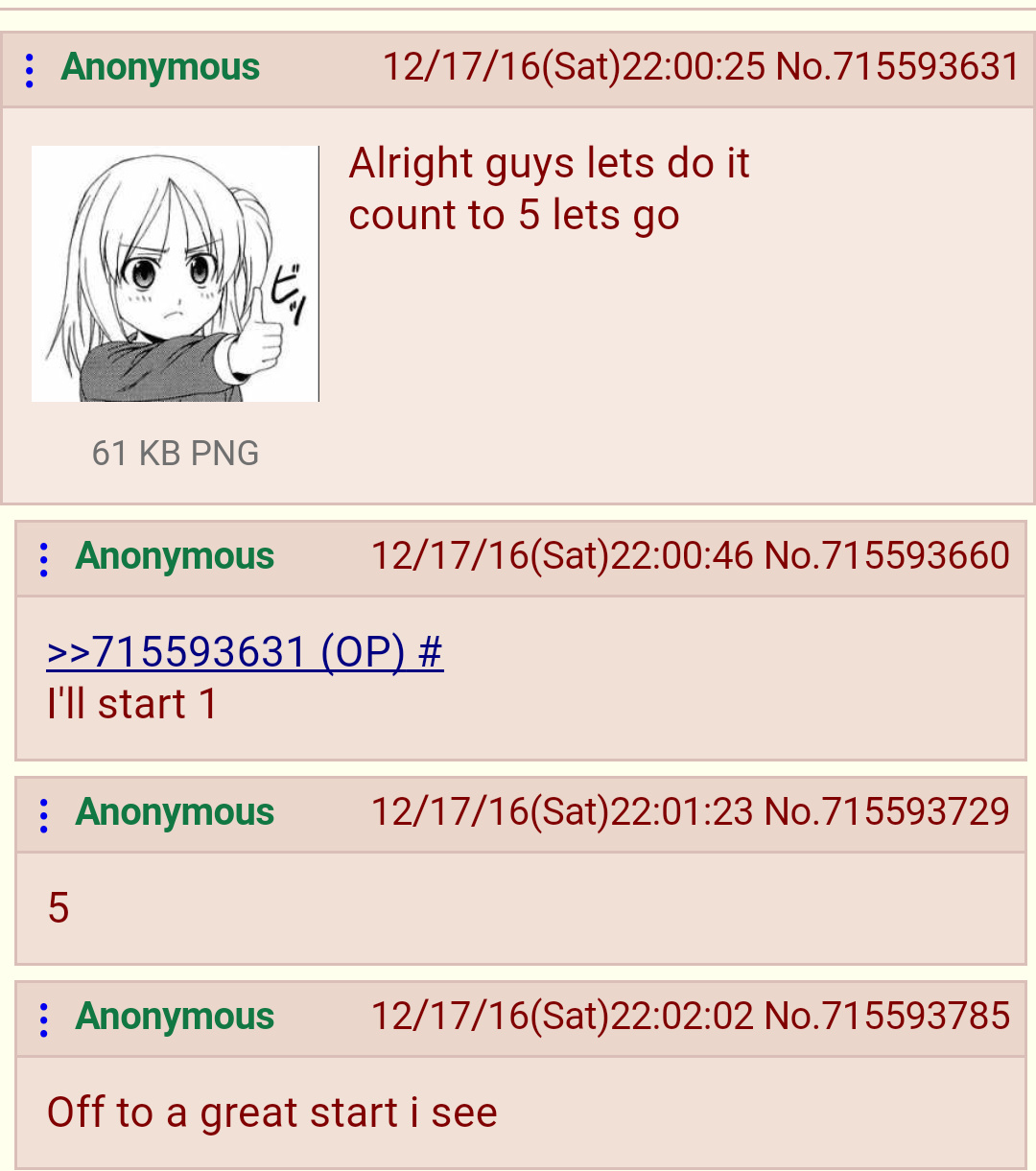 Holy shit /b/ actually counted to 5 - meme