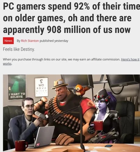 PC gamers spend 92% of their time on older games, and there are apparently 908 million of us now - meme