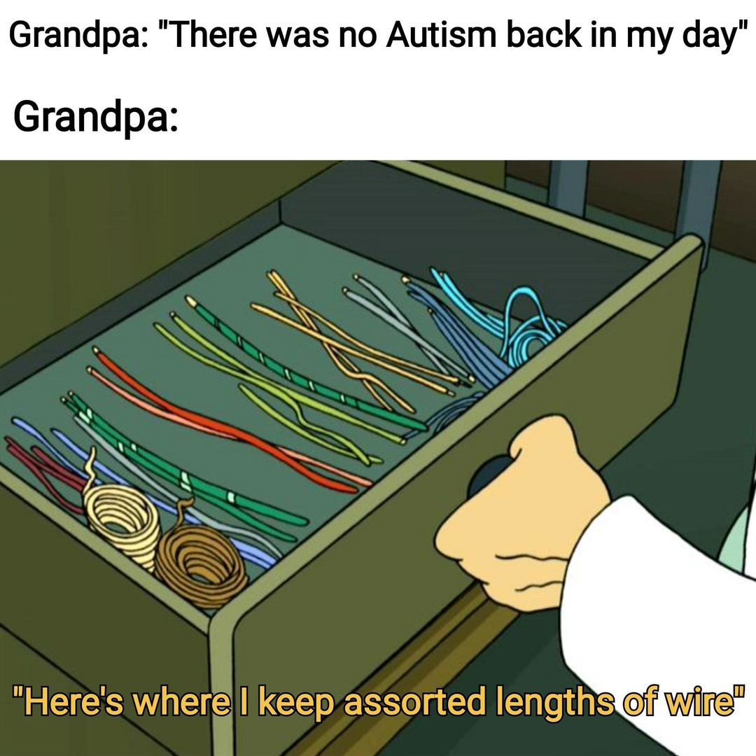 Grandpa: No autism in my day. Also grandpa: here's my random wires drawer - meme