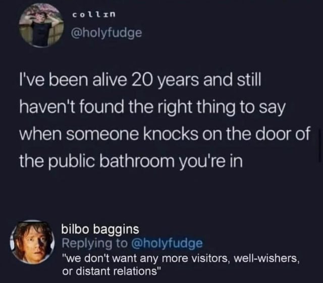 What to say when someone knocks on the door of the public bathroom you're in - meme