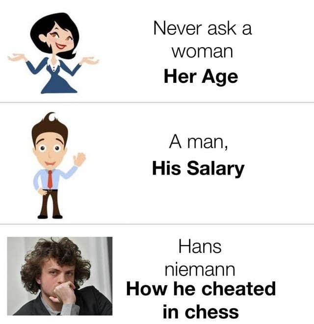Never ask his salary, her age, or Hans Niemann how he cheated - meme