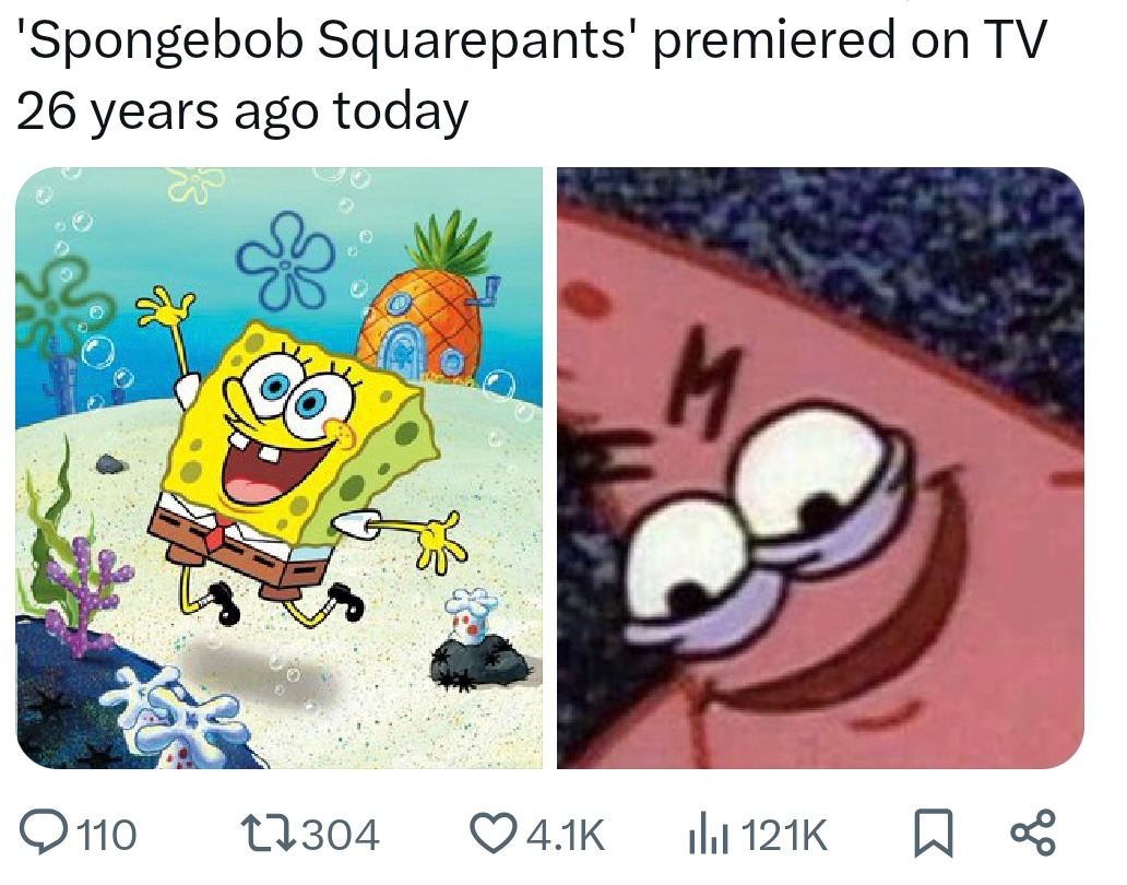Spongebob premiered 26 years ago and now I feel ancient - meme