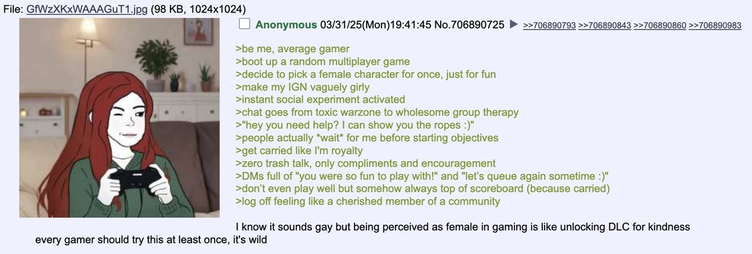 Pretend to be a girl in games = DLC unlocked - meme