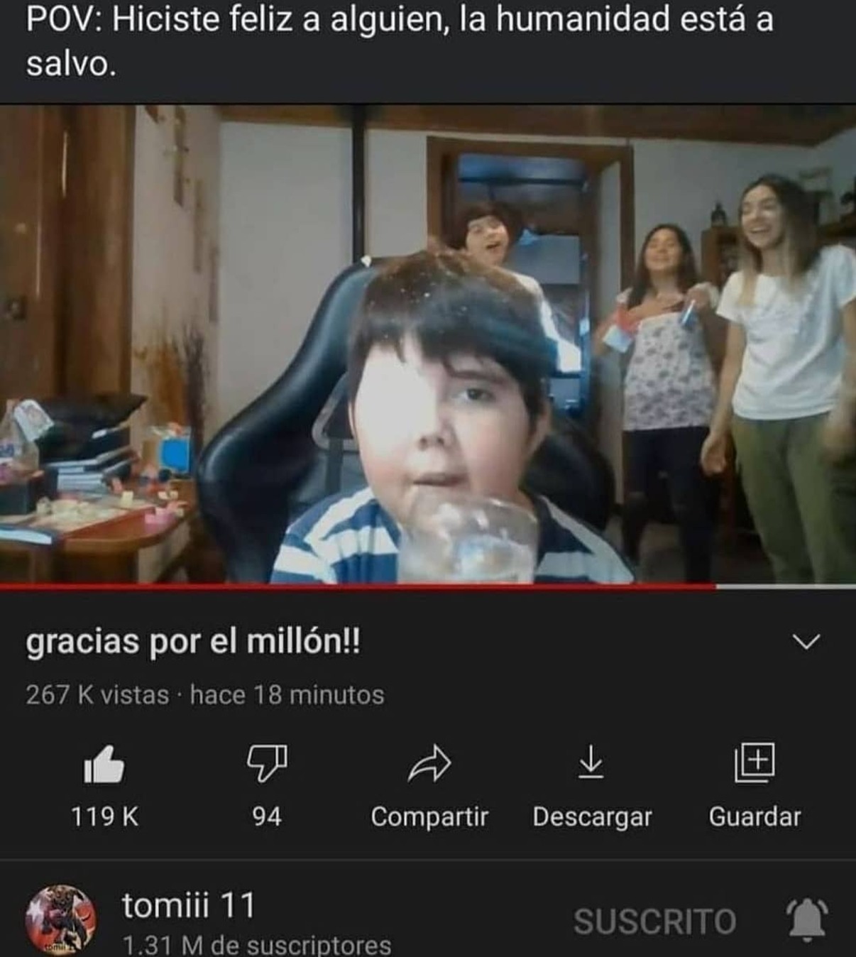 Context: es un niño chileno diagnosticado con cancer y como ultimo deseo pidio tener muchos subs - meme