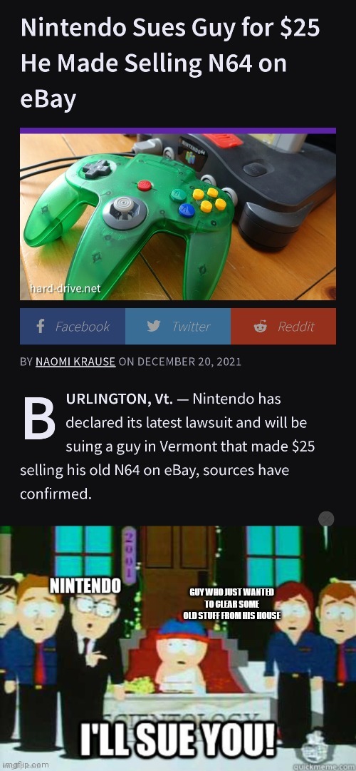 Nintendo is upset the person doesn't have to pay 50 bucks a month to play n64 games - meme